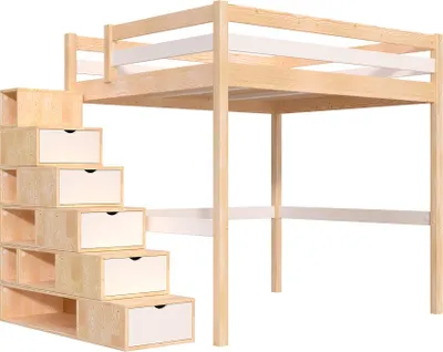 Produktbild von Hochbett holz mit Treppenregal Sylvia - 160x200 - Naturlack/Weiß