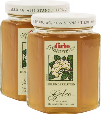 Produktbild von Food-United GELEE aus Holunderblüten-Extrakt von DARBO Naturrein 2x 200g Glas fruchtig und veganer Brot-Frucht-Aufstrich Holunderblütengelee perfekt für Füllungen Brot und Brötchen Kuchen Porridge Pudding Frühstück Gebäck Eiscreme Torten