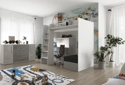 Produktbild von Marlux-Meble Hochbett JSM-7 90x200 TREPPE Links mit Schreibtisch Schränke und Ausklappbares Sofa 70x180 Hochglanz Funktionsbett Etagenbett Stockbett Kinderhochbett Jugendhochbett (Hellgrau Glanz)