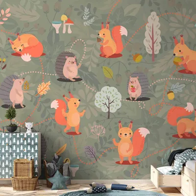 Produktbild von Vlies Fototapete - Friends from the forest - colourful forest with mushrooms and animals for children 100x70 cm Für Kinder g-C-0368-a-a