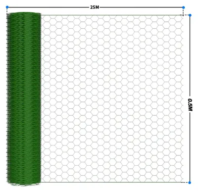 Obrázek produktu pro Šestihranná drátěná síť – plot pro zahradu – kovová tkanina, rozměry 0,5 x 5 metrů – velikost očka 25 mm – s PVC povlakem – plot pro králíky – zelená barva