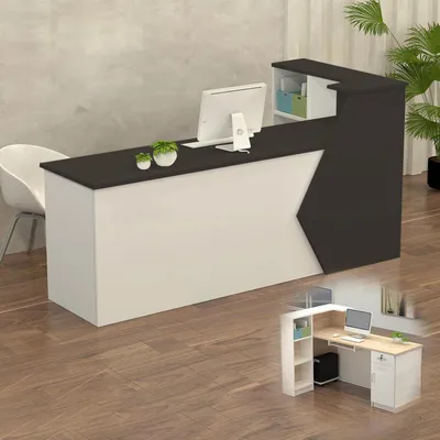 Obrázek produktu pro Pult recepce, prodejní pult, dřevěný s úložným prostorem, rozměry 140x60x100 cm, barva černá/bílá
