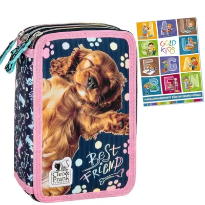 Produktbild von Federmäppchen 3 Fächer - Mäppchen für Mädchen und Jungen - Federmappe 3-Fach Federtasche Gefüllte Schüleretui Schulmäppchen und Hausaufgabenheft -Hund