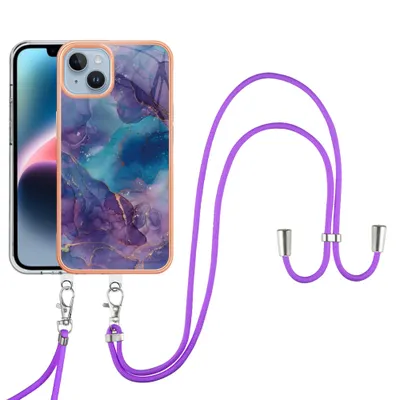 Obrázek produktu pro Pouzdro s řemínkem pro iPhone 14, vzorované TPU nárazník, ochranné pouzdro s nastavitelným popruhem Fialová