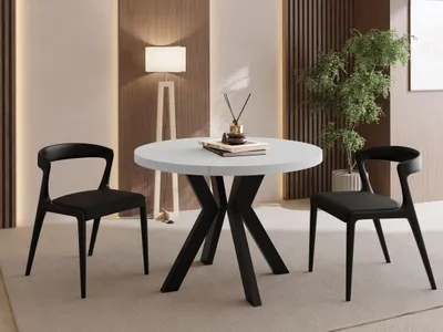 Produktbild von Runder Esstisch Ausziehbar 80-130 cm – Verlängerbar, für 4-6 Personen mit Schwarzen Holzbeinen – Tisch für Wohnzimmer & Esszimmer in Weiß