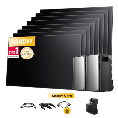 Produktbild von Balkonkraftwerk mit Speicher, 2x EcoFlow Stream Ultra mit 8x 480Wp Bifazial Solarmodule mit EcoFlow Smart Meter & Parallel Kabel (0% MwSt)