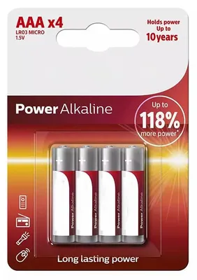 Immagine prodotto di Batterie alcaline AAA, 1,5 V, confezione da 4 pezzi, dimensioni Ø 10,5 x 44,5 mm, ideali per dispositivi elettronici