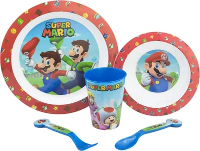 Produktbild von Super Mario und Luigi Kinder Geschirr-Set 5 tlg Becher Teller Schüssel Besteck
