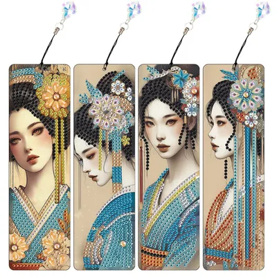 Image de Marque-pages "Diamond Painting", 4 pièces, 5,8 x 19,5 cm, motif geisha, couleur beige