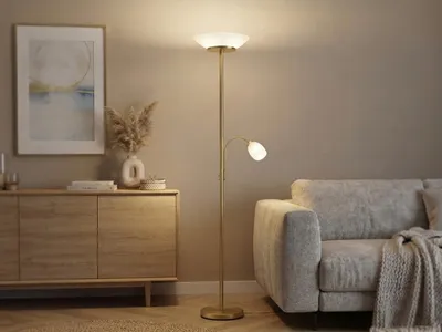 Produktbild von LED Deckenfluter mit Flex Leselampe, große Stehlampe Messing für Wohnzimmer Ecke