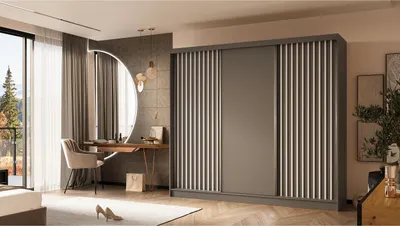 Zdjęcie produktu dla Szafa z lamelami LINEA 240 cm Szara szafa przesuwna z białymi lamelami na froncie Gładka trzydrzwiowa szafa z lamelami Szafa na ubrania z lamelami