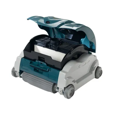 A robotic pool cleaner with its lid open, showing the filter inside.