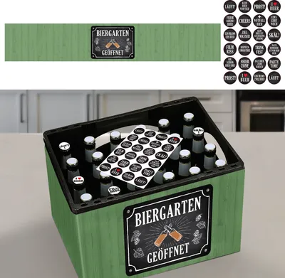 Produktbild von Bierkasten Banderole 'Biergarten geöffnet' Papier L140cm DIY Bastelset für Bierkiste 24 Sticker Männergeschenk