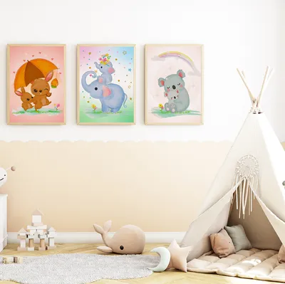 Produktbild von Mama Kind Waldtiere Familie Bilder 3er Set DIN A4 Kinderzimmer Wandbilder Babyzimmer Poster Dekoration - Hase Elefant Koala
