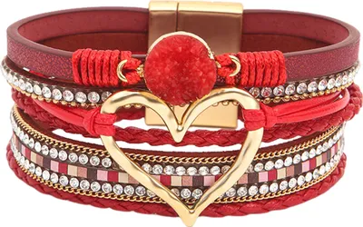 Produktbild von Damenarmband, mehrlagig, Strass, Kunstleder, Bohemian-Stil, geflochtenes Herz, leichter Handgelenkschmuck, Damen-Armreif, Seil