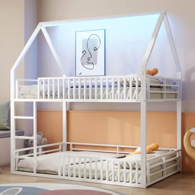 Produktbild von Kinder-Etagenbett im Hausdesign mit Rausfallschutz und LED-Beleuchtung, Weiß, 140 x 200 cm