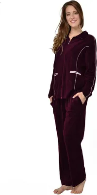 Produktbild von RAIKOU Damen Baumwolle Schlafanzug 44/46 Velours Freizeitanzug mit Reißverschluss Brombeer