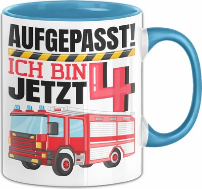 Produktbild von 4. Geburtstag Geschenk Tasse Becher Jungs Feuerwehr Aufgepasst Ich Bin Jetzt 4 (Blau)
