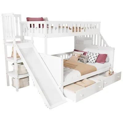 A white bunk bed with a slide and storage drawers, set against a white background.