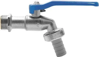 Produktbild von ASW Kugel-Auslaufventil 422508 3/4", Griff blau, Messing matt verchromt, mit Schlauchverschraubung