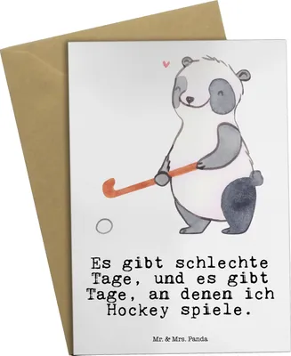 Produktbild von Mr. & Mrs. Panda Grußkarte Panda Hockey spielen - Weiß - Geschenk, Feldhockey, Verein, hochzeitskarten, Hockeyschläger, weihnachtskarten, osterkarten, vatertagskarte