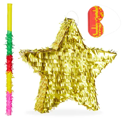 Produktbild von 3 tlg. Pinata Set Stern, mit Stock und Maske, Piñata für Kinder & Erwachsene, zum selbst Befüllen, Pinata Zubehör, gold