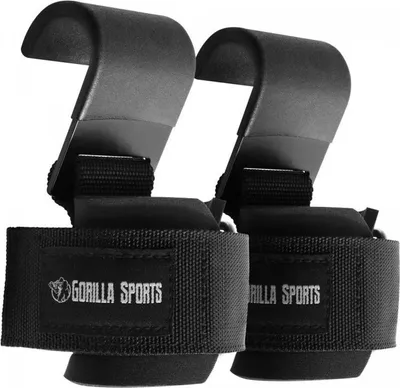 A pair of black weightlifting hooks with straps, branded 'GORILLA SPORTS'.