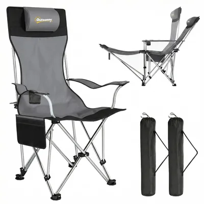 Produktbild von 2er Set Campingstuhl faltbar Angelstuhl mit abnehmbar Fußstütze Getränkehalter belastbar 120 kg Grau