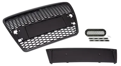 Kühlergrill Wabengrill SCHWARZ MATT + Emblem Halter für Audi A6 4F C6 2004-2008 – Produktansicht