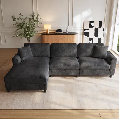 Zdjęcie produktu dla Sofa narożne o wymiarach 256x137x79 cm, w kolorze szarym, 3-osobowe, z regulowaną powierzchnią do leżenia, obita tkaniną typu chenille, z zdejmowanymi poduszkami siedziskowymi, idealne do salonu