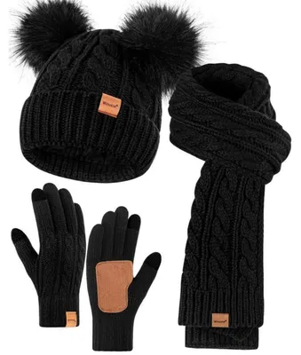 Immagine prodotto di Set invernale da donna 3 in 1: berretto, sciarpa e guanti, colore nero, fodera in pile, compatibile con touchscreen, con pompon