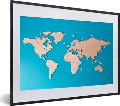 Produktbild von MuchoWow® MuchoWow® Gerahmtes Poster Weltkarte - Holzfarbe - Blau 40x30 cm - Poster mit zchwarzem Bilderrahmen - Bilderrahmen - Poster im Rahmen