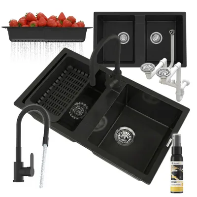Immagine prodotto di Granitan - Lavello in granito - Lavandino 76x44 cm - Lavello cucina nero - con miscelatore - VALMERA