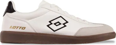 A single white Lotto sneaker with a brown sole, shown from the side.