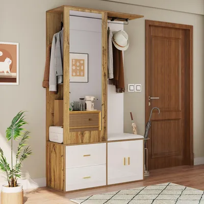 Produktbild von Flurgarderobe mit Spiegel und Sitzbank, Garderobenschrank mit Schuhschrank, Schubladen und ausziehbarer Kleiderstange, Moderner Flurmöbel in Weiß