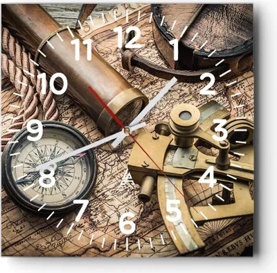Produktbild von Wanduhr - Quadrat - Glasuhr - Kompass Kompass Karte - 40x40cm - Schleichendes Uhrwerk - Lautlos - zum Aufhängen bereit - Dekoration Modern - Wanddekoration aus Glas - C4AC40x40-3730