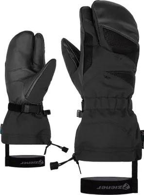 A pair of black lobster-style ski gloves shown against a white background.