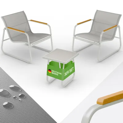 A set of outdoor furniture, including two chairs and a small table, displayed on a white background with a textured surface and water droplets in the foreground.