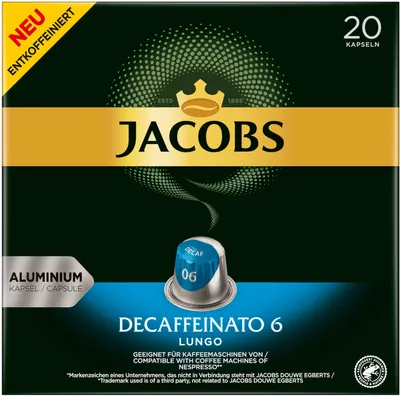 A box of Jacobs Decaffeinato 6 Lungo coffee capsules.