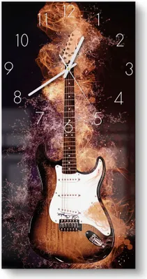 Produktbild von DEQORI Glasuhr 30x60 cm Zahlen 'Brennende E-Gitarre' Wanduhr Glas Uhr Design leise