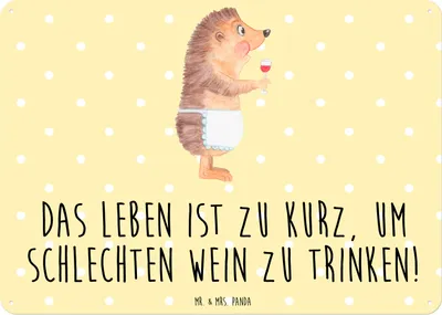 Produktbild von Mr. & Mrs. Panda Schild Igel Wein DIN A6 - Gelb Pastell - Geschenk, Weinglas, Rotwein, Weißwein, Weinliebhaber, Magnetschild, Lustige Sprüche, Wandbild, Blechschild