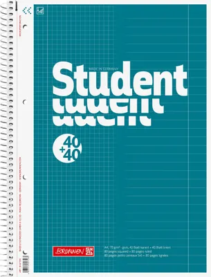 Immagine prodotto di BRUNNEN 1067974 Collegeblock Student "DUO" A4 40 fogli a scacchiera, 40 fogli a righe, ciascuno con riga di margine interna ed esterna Foglio di copertina: benzina