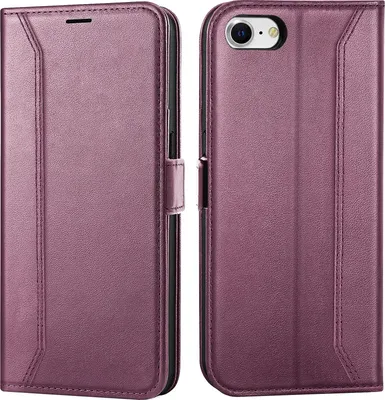 A purple flip case for an iPhone SE is shown from two angles.