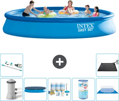 Produktbild von Intex runder aufblasbarer Easy Set-Schwimmpool – 457 x 84 cm – Blau – inklusive Pumpe Abdeckung - Wartungspaket - Filter - Bodenplane - Staubsauger - Solarmatte