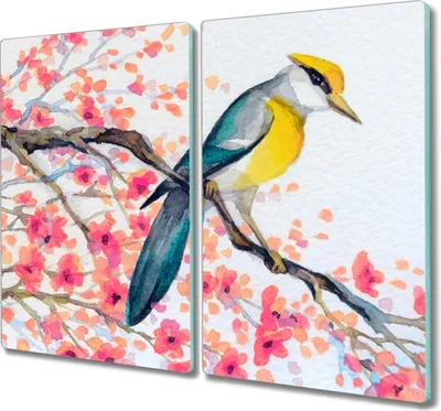 Produktbild von Coloray Herdabdeckplatte 2x30x52 cm Schneidebrett Kochplattenabdeckung Küchenbrett Hackbrett - Baum Tier Vogel