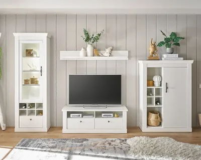Produktbild von Wohnwand in Pinie weiß mit LED-Beleuchtung, 4-teilig, Landhaus-Stil - RAPLA-61