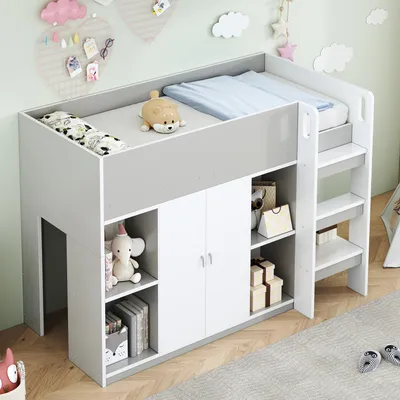 Obrázek produktu pro Sweiko multifunkční podkrovní postel 90x200 s úložným prostorem, skříní a policemi - dětská postel s žebříkem a robustní konstrukcí šedá
