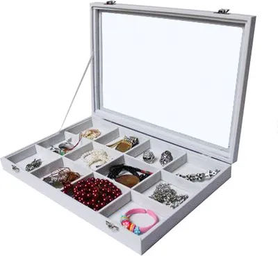 Produktbild von Schmuckkasten Schmucklade Schaukasten Schmuckdisplay mit Glasdeckel mit 12 Fächern weiss