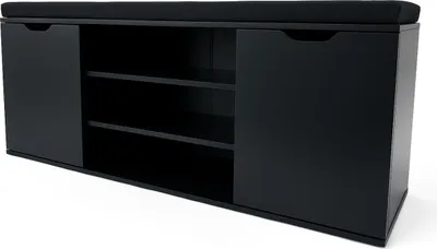 A black shoe cabinet with a padded seat on top, shown against a white background.