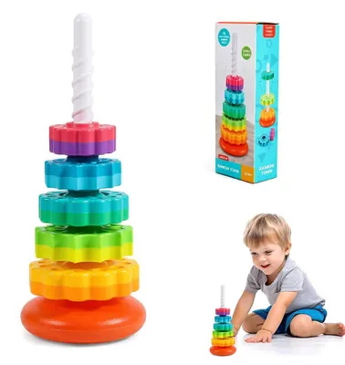 Imagen del producto de Pirámide apilable de madera, con 6 discos de colores, de 35,6 cm de altura, ideal para que los niños jueguen